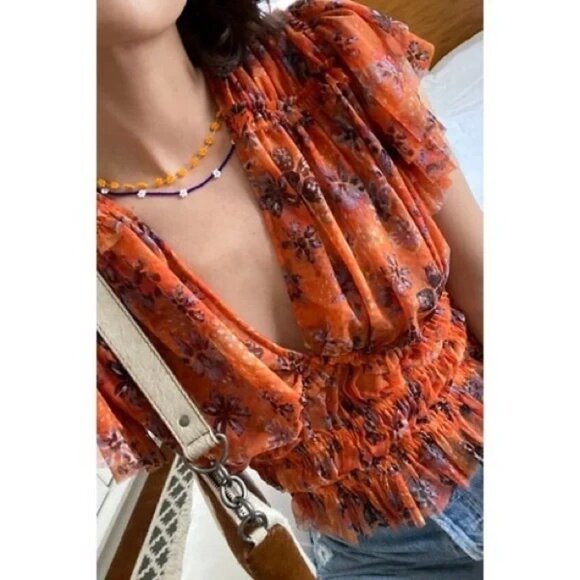 Free People Making Me Smile Floral Ruffle-Sleeve V-Neck Smocked Crop Top XS - Picture 13 of 14